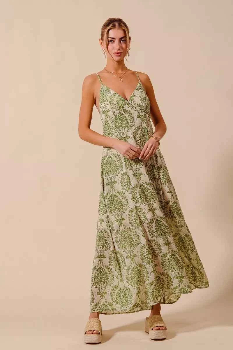 SO ME Floral Summer Maxi Flowy Dress sage Green Damask Backless Tied e6d5d307715b44238d11b84140662ecf-Max-Origin Trendsi