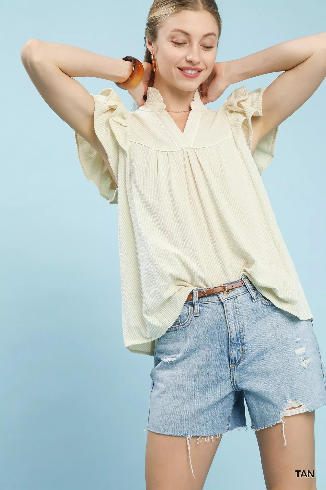 Umgee Blouse Textured Tan Ruffled Short Sleeve Top e6dd80bb-d997-4932-9e5b-6a388f862325-Max-Origin Trendsi