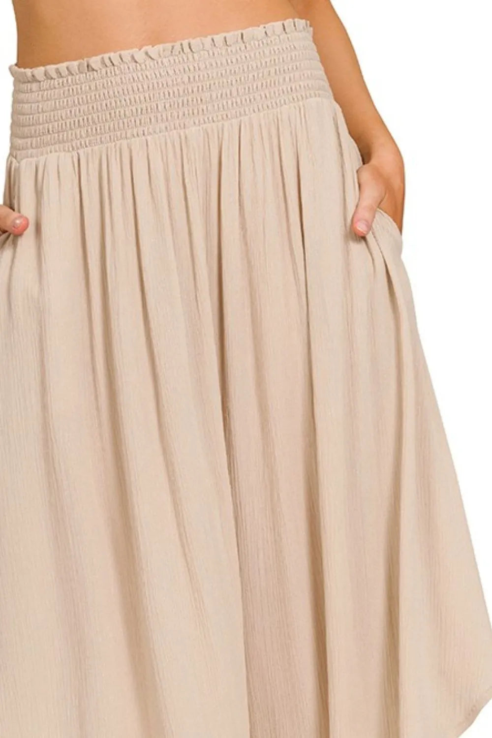 Zenana Midi Skirt High-Low Woven Crinkle Smocked Waist Sand Beige With Pockets e6e827ab-312a-4204-b334-8e2774e42619-Max-Origin Trendsi