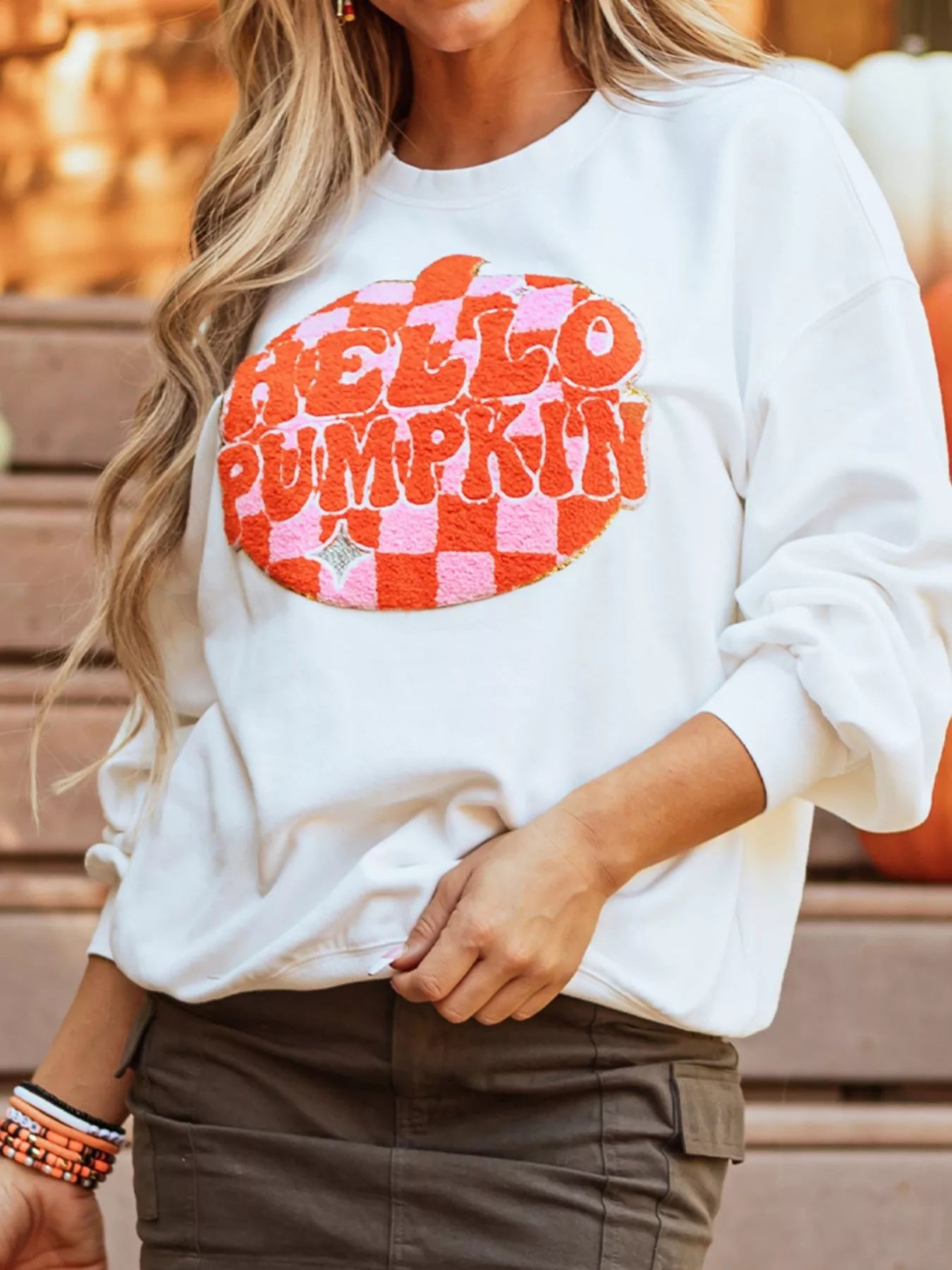 Halloween Women's Sweatshirt Pumpkin Patched Pattern White Long Sleeve Top e6eef030-238e-4f80-917d-9e4ce6f807db-Max-Origin Trendsi