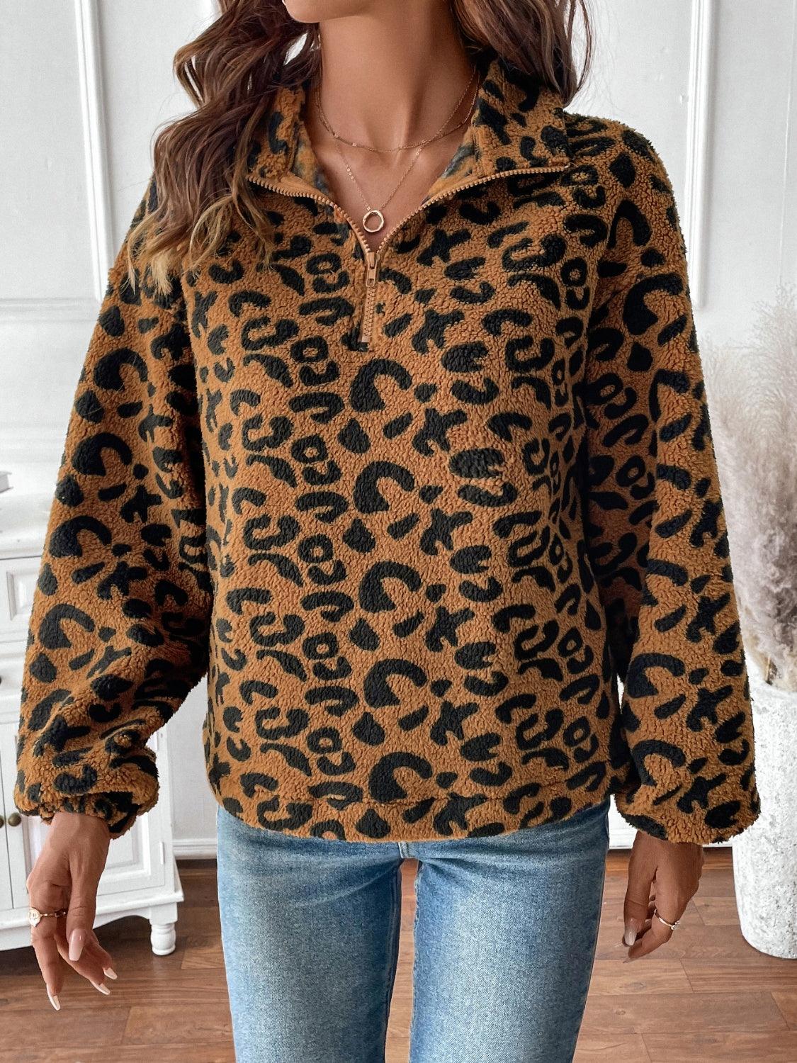 Leopard Sweatshirt Half Zip Collared Teddy Long Sleeve Top