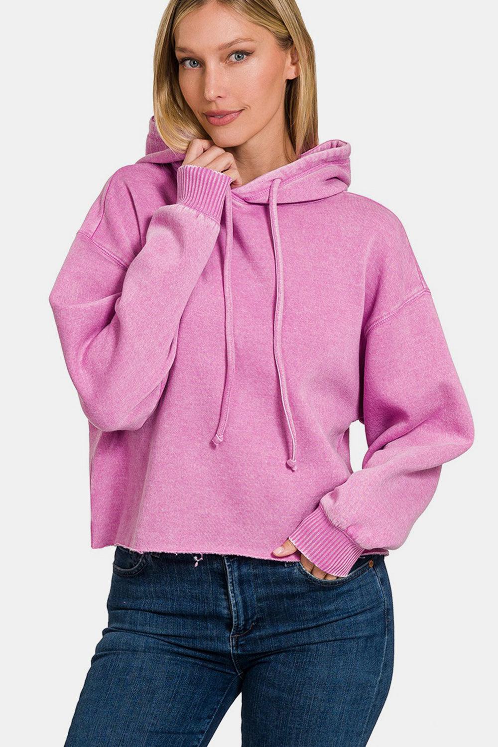 Zenana Mauve Hoodie Acid Wash Fleece Cropped Sweatshirt