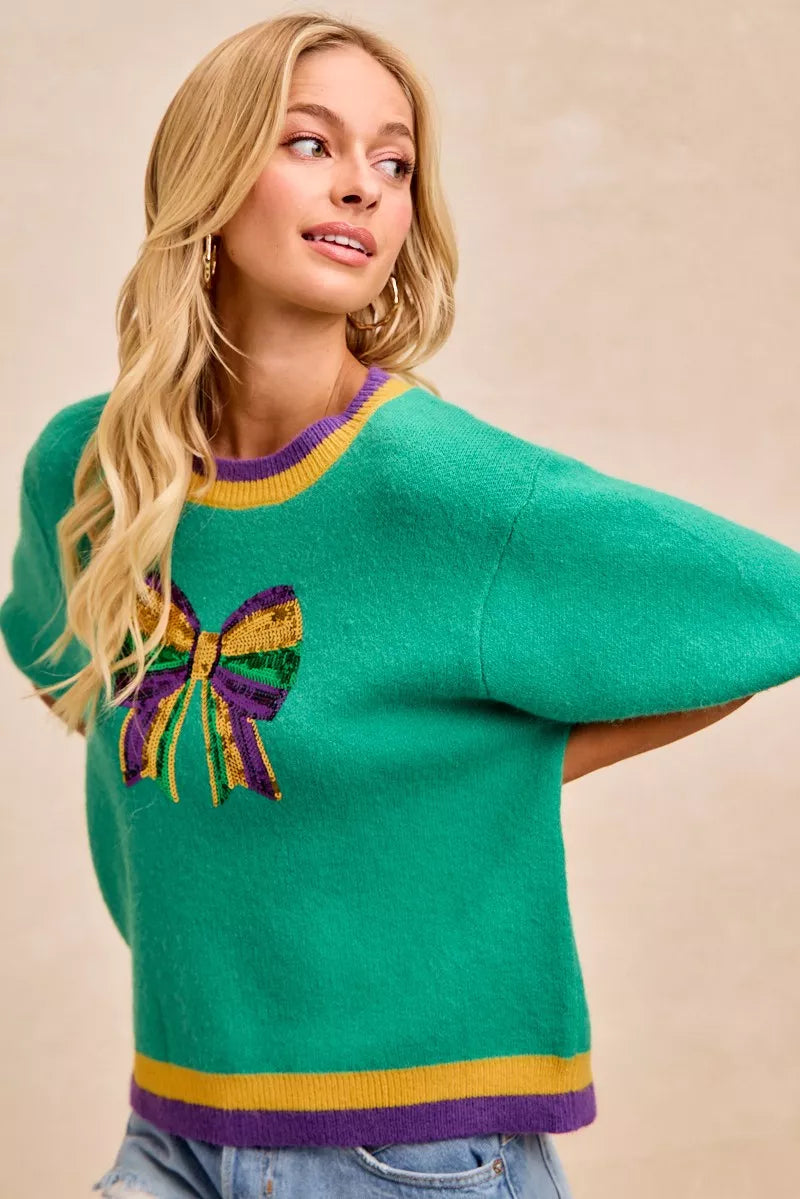 BiBi Sweater Green Mardi Gras Sequin Ribbon Patched Short Sleeve e700f8ea079d4b48bb74519ad6eeacd6-Max-Origin Trendsi