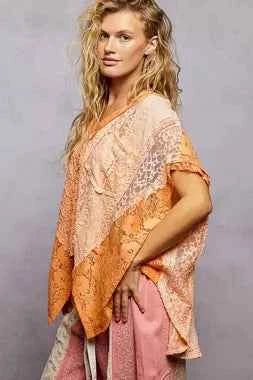 POL Asymmetrical V-Neck Short Sleeve Lace Top