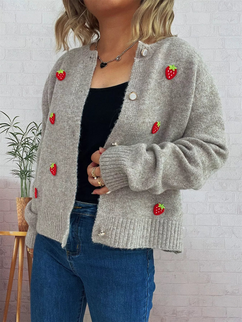 Women's Cardigan Strawberry Button Up Long Sleeve Soft Knit e7049341-1abc-4689-a0f9-c88fe0a2ff24-Max-Origin Trendsi