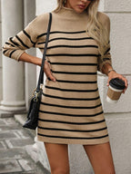 Striped Knit Mini Dress Mock Neck Long Sleeve Tan e7101899-097f-4f9e-85c3-ae008cb56901-Max Trendsi