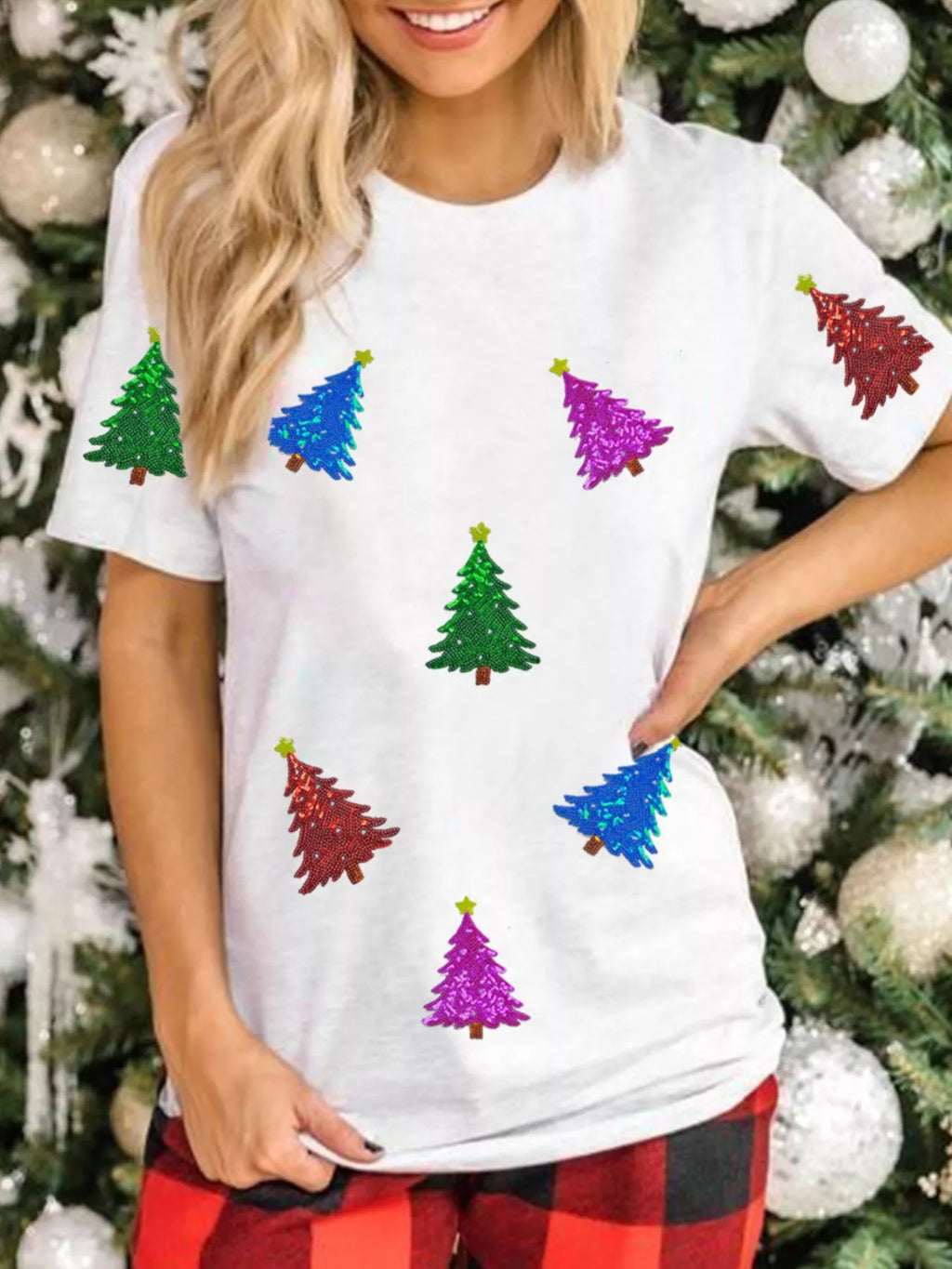 Womens White T-Shirt Christmas Tree Sequns Relaxed Fit Top Tee e71bf8cf-8d83-48b9-8139-329bfe17d786-Max-Origin Trendsi