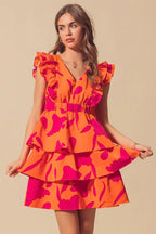 SO ME Floral Dress V Neck Layered with Elasticized Waist Short Cap Sleeve e728ad74894a41df95d295399a7e9448-Max-Origin Trendsi
