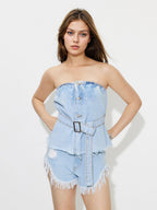 Denim Top Strapless Buttoned Raw Hem Tube Belted e74896e1-55ca-4123-9f4e-2c3285a0917d-Max Trendsi