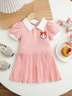Children's Baseball-Themed Embroidered Pleated Dress with Bow