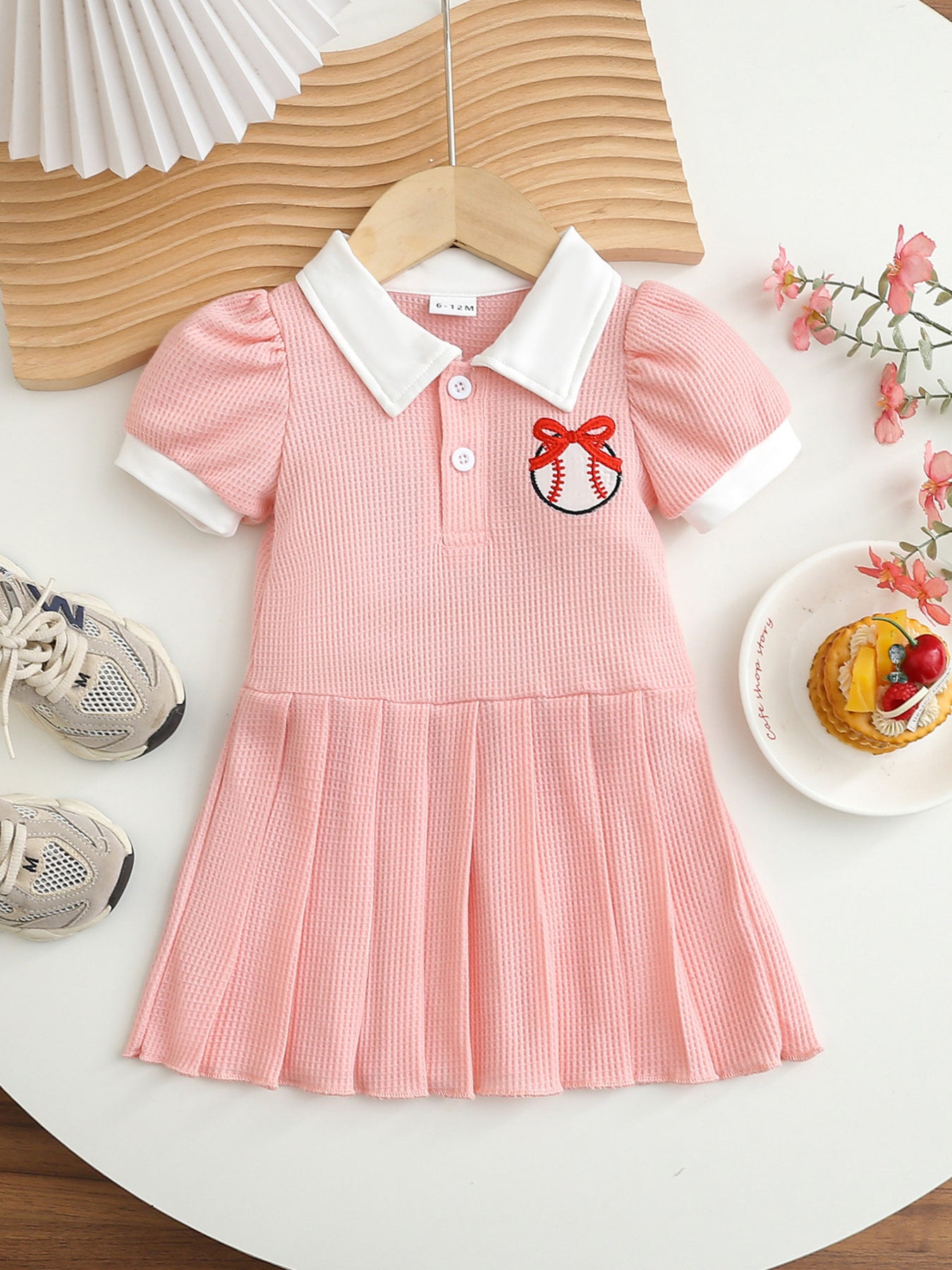 Children's Baseball-Themed Embroidered Pleated Dress with Bow