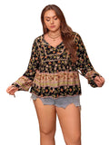 Plus Size Printed Blouse with Tie Neck and Balloon Sleeves
