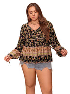 Plus Size Printed Blouse with Tie Neck and Balloon Sleeves
