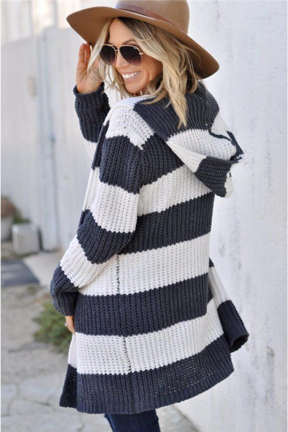 Cardigan Striped Contrast Stripes Open Front Long Sleeve Knitwear e753f5fd-83d2-431b-bcc9-37d18614620f-Max Trendsi