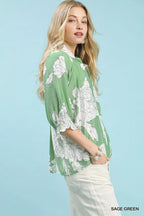 Umgee Womens Blouse Green Peony Illustration Print Flounce Short Sleeve Top e7586849-2b61-443a-9586-321860239bd5-Max-Origin Trendsi