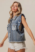 BiBi Denim Jacket American Flag Pockets Washed Ruffled Sleeves e7625bfa-6434-4fea-a8dd-1facc423ee94-Max Trendsi