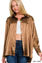 Zenana Satin Shirt Brown Button Up Long Sleeve Womens Top e762cffb9616452a91606d8992473861-Max-Origin Trendsi