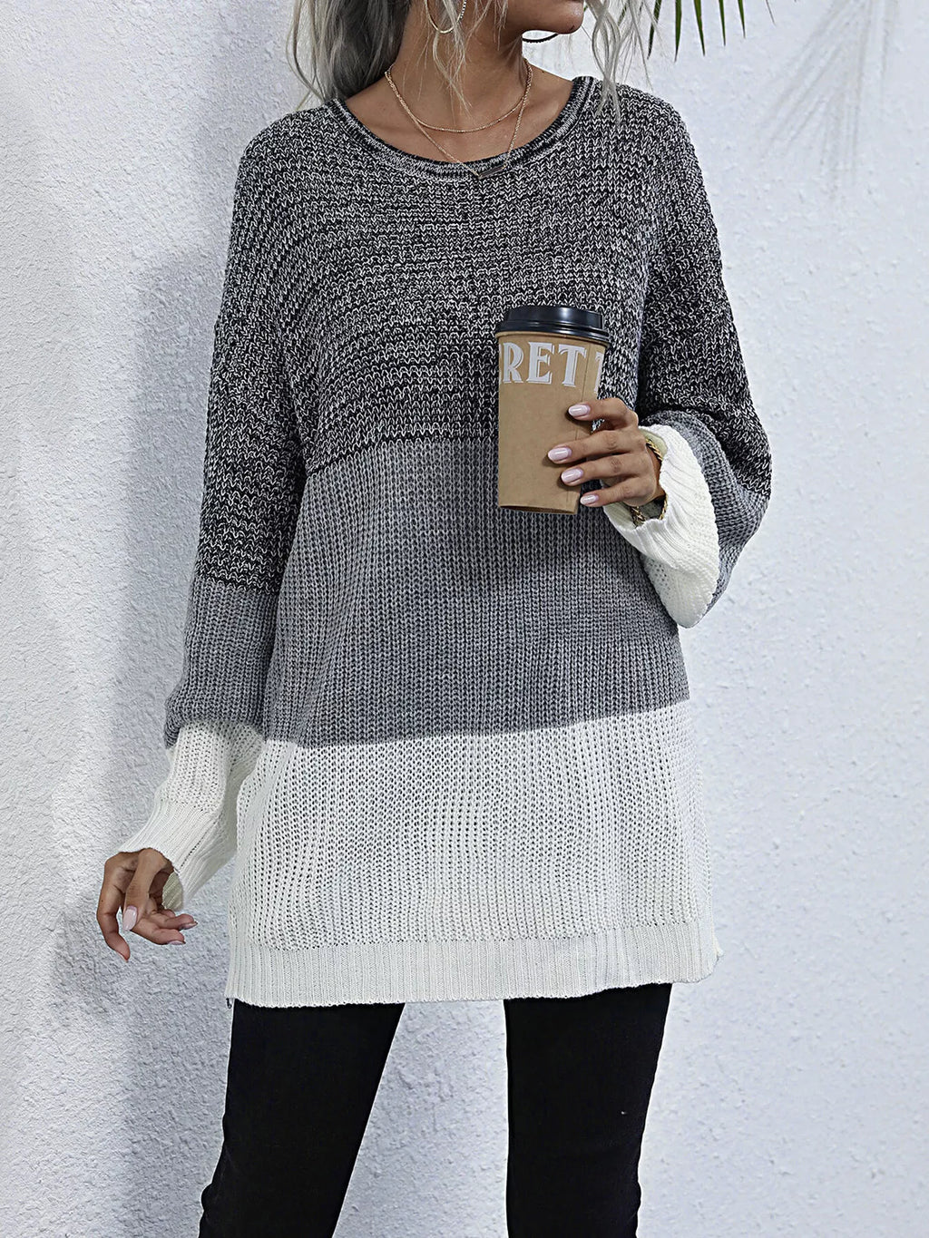 Women's Oversized Sweater Color Block Stripe Knit Round Neck Long Sleeve e76319fafc0d4e7eac842feda35be1b3-Max-Origin Trendsi