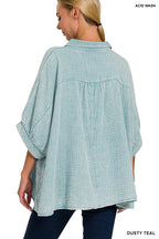 Zenana Womens Shirt Teal Washed Double Gauze Half Sleeve Top e76de40ffb954b4e815f27692c064566-Max-Origin Trendsi