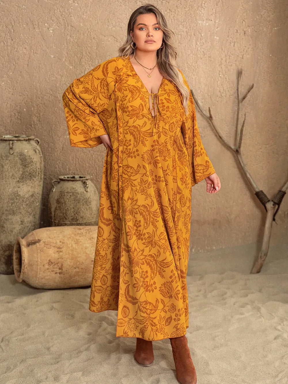 Plus Size Printed Long Sleeve Dress with Side Slit