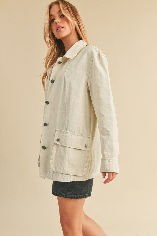 Aemi + Co Button Up Jacket Ivory Seam Detail Long Sleeve with Pockets