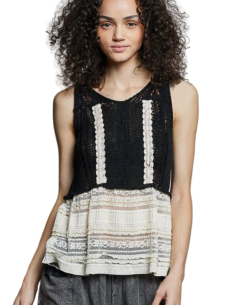 POL V-Neck Crochet Sweater Vest with Lace Trim