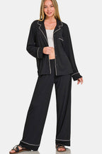 Zenana Lounge Set Black Collared Shirt Long Sleeve Top and Pants Sleepwear Black e788036d-d2af-4cde-a0d7-5eae0e97026e-Max Trendsi