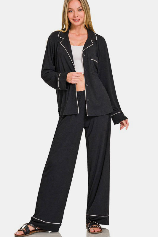 Zenana Lounge Set Black Collared Shirt Long Sleeve Top and Pants Sleepwear Black