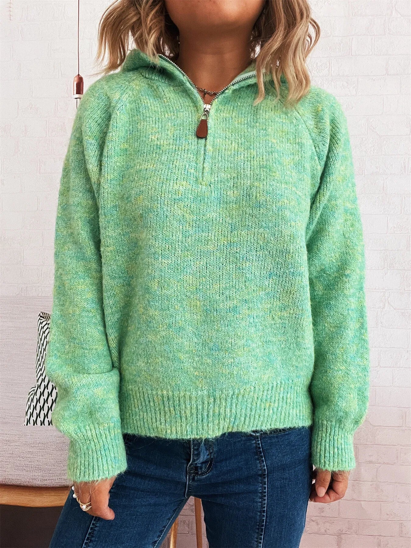 Women's Sweater Quarter Zip Hooded Ribbed Hem Long Sleeve Knitwear e79600912b6c4c31ae2e94b91ea05194-Max-Origin Trendsi