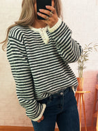 Women's Sweater Striped Button Detail Long Sleeve Pullover e7a5c8258d77472390c8e74825126f4b-Max-Origin Trendsi