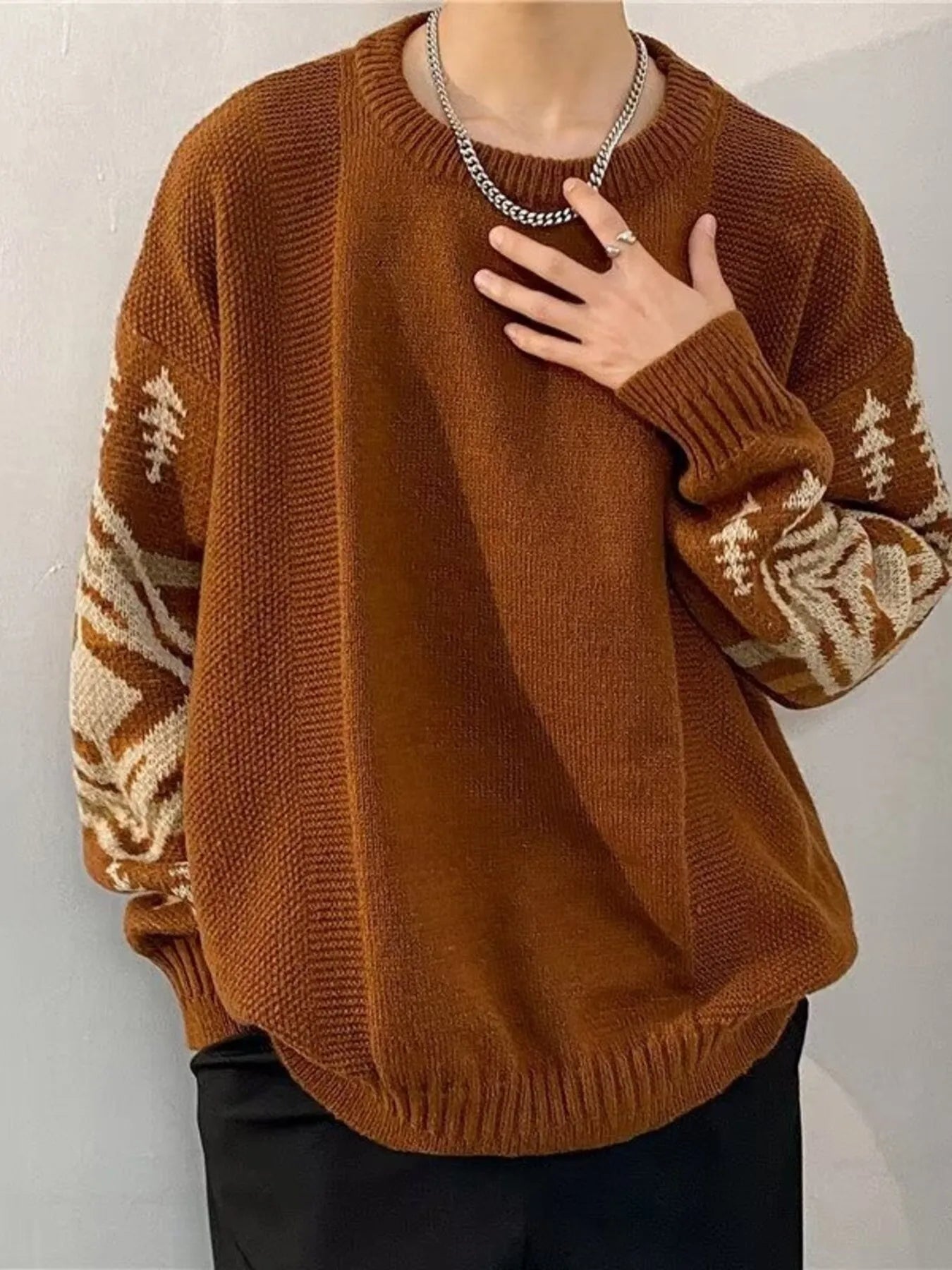 Men's Sweater Knit Ethnic Pattern Oversized Pullover Plus Sizes Brown