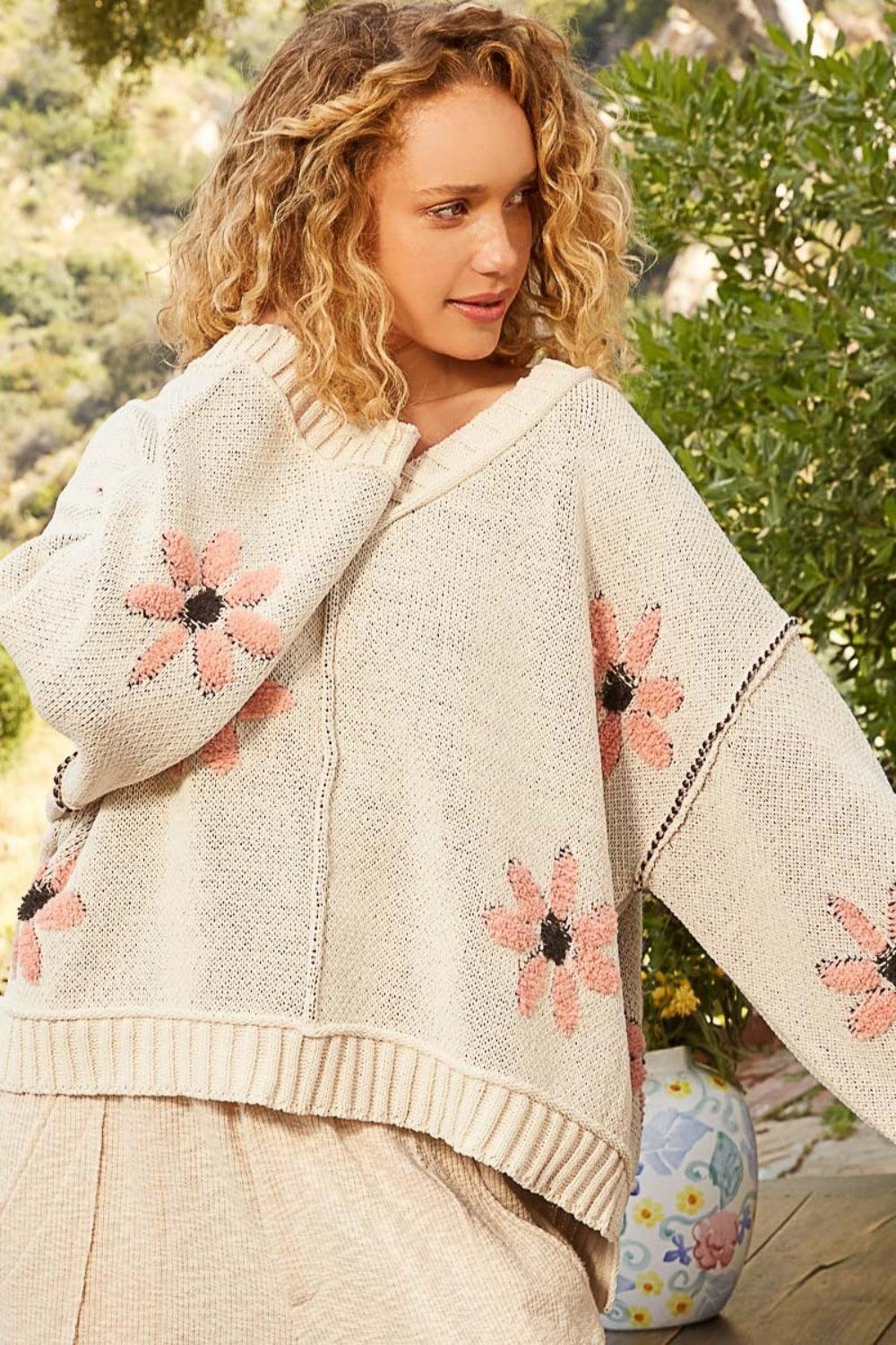 POL Sweater V-Neck Floral Pattern Chenille Outseam Edge Pullover e7aca6f3-9271-403e-b2fb-ee2ae6178e52-Max Trendsi