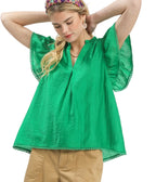 Umgee Flutter Sleeve Relaxed Fit Top with Pom-Pom Trim Detail in Emerald Green