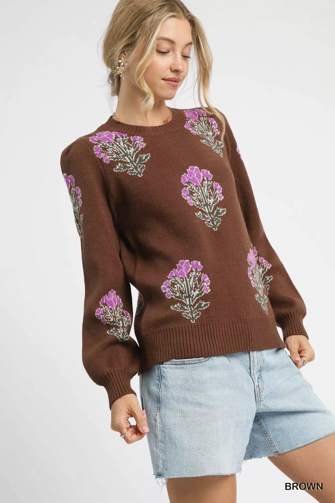 Umgee Womens Sweater Brown Jacquard Single Flower Stem Knit Pullover e7adca7d-abc7-402c-95ad-f6a6a86764d6-Max-Origin Trendsi