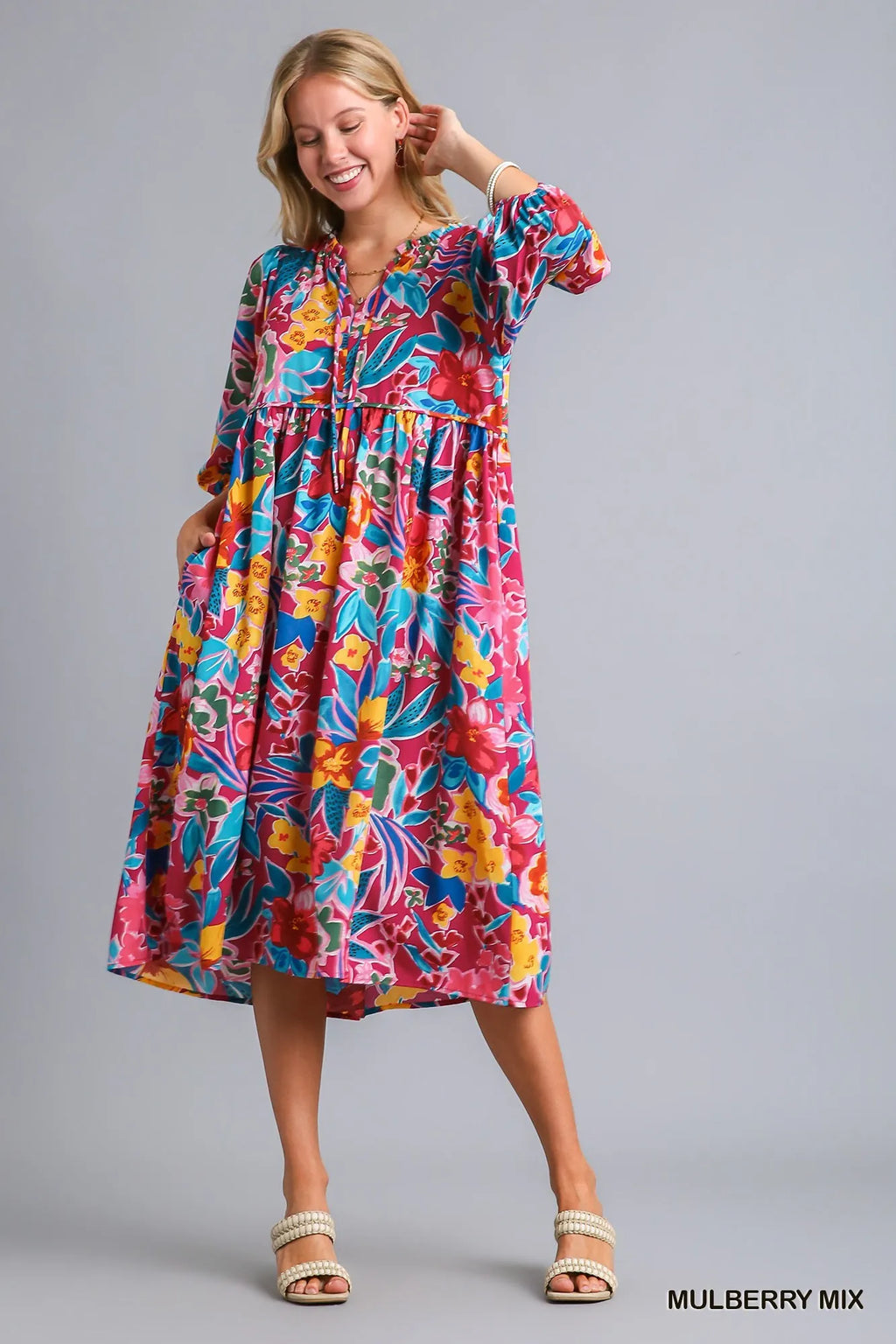 Umgee Midi Dress Floral Mulberry Mix Print Tie Neck with Pockets 3/4 Sleeve e7b308d5-f920-4f0b-9a56-8ca163329d1d-Max-Origin Trendsi