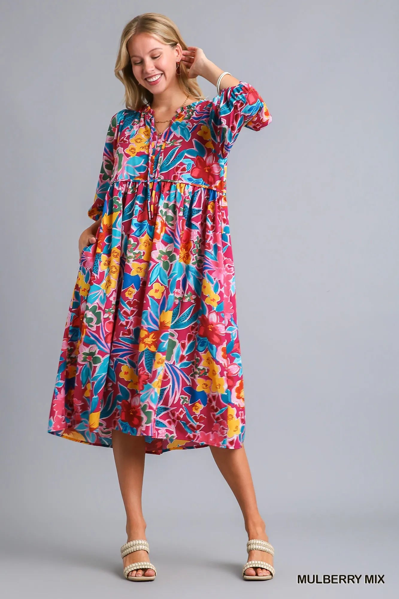 Umgee Midi Dress Floral Mulberry Mix Print Tie Neck with Pockets 3/4 Sleeve e7b308d5-f920-4f0b-9a56-8ca163329d1d-Max-Origin Trendsi