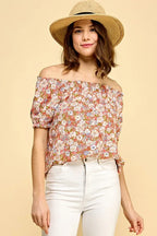 Lime 'N' Chili Blouse Off-The-Shoulder Coral Floral Print Short Sleeve e7bf5ad6ec164092b9c54e120e7e8f43-Max-Origin Trendsi