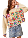 SO ME Multicolor Granny Square Crochet Lace Sweater Top