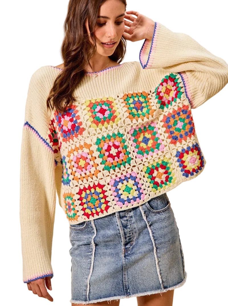 SO ME Multicolor Granny Square Crochet Lace Sweater Top