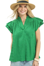 Umgee Textured Flutter Sleeve Split Neck Top