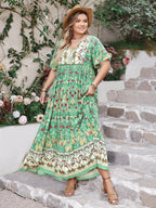 Plus Size Floral Tie-Neck Maxi Dress with Flutter Sleeves