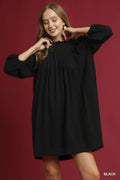 Umgee Babydoll Dress Black Linen Ruffle Shoulder Pleated 3/4 Sleeves Black e7c547a6-fcfd-4793-a0e4-4fa6d0fd9bf0-Max-Origin Trendsi