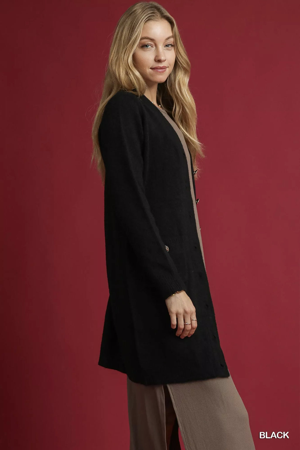 Umgee Sweater Cardigan Black Button Longline with Front Pockets e7c637c0-6d70-41c2-950d-2e5d84135fab-Max-Origin Trendsi
