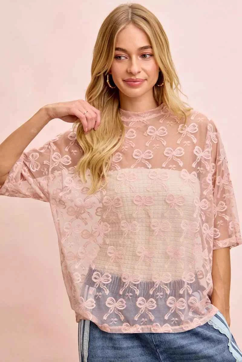BiBi Bow Pattern Short Sleeves Boxy Mesh Top
