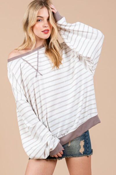 Ces Femme Striped Sweatshirt Drop Shoulder Taupe/Mocha e7c8c8de-d394-4356-8476-07517f45f700-Min Trendsi
