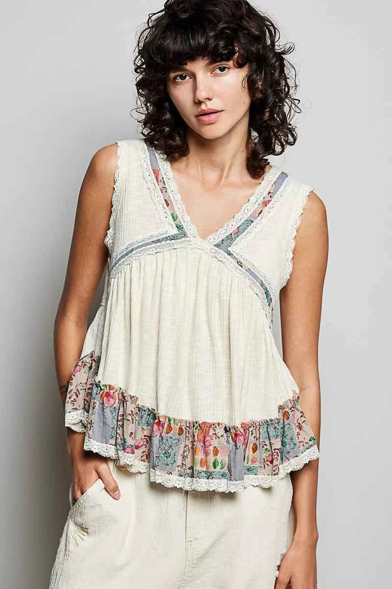 POL Lace Detail Ruffled Ribbed Sleeveless Top with Floral Pattern Trim Detail