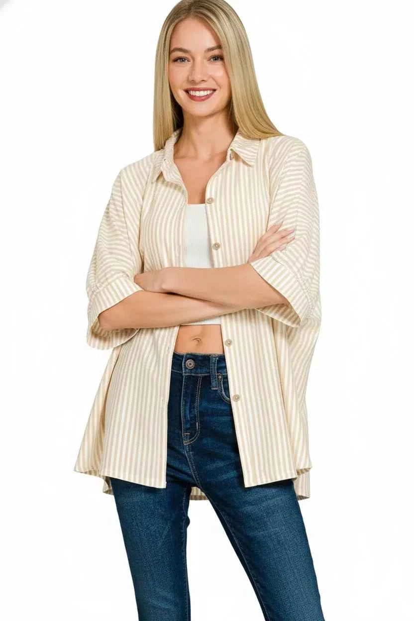 Zenana Oversized Stripe Shirt Taupe Buttoned Short Sleeve Top e7ca4c0c-65dd-4516-95db-cbecc95ec584-Max-Origin Trendsi