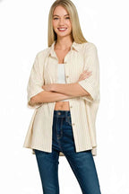 Zenana Oversized Stripe Shirt Taupe Buttoned Short Sleeve Top e7ca4c0c-65dd-4516-95db-cbecc95ec584-Max-Origin Trendsi