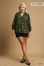 Umgee Velvet Blouse Olive Floral with Balloon Long Sleeves Top e7cac772-4419-40ac-948e-07d9d8c62024-Max-Origin Trendsi