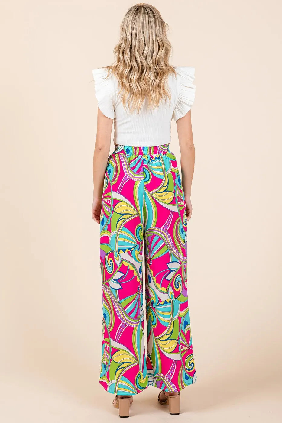 Mittoshop Wide Leg Pants Colorful Fuchsia Abstract Print Elastic Waist